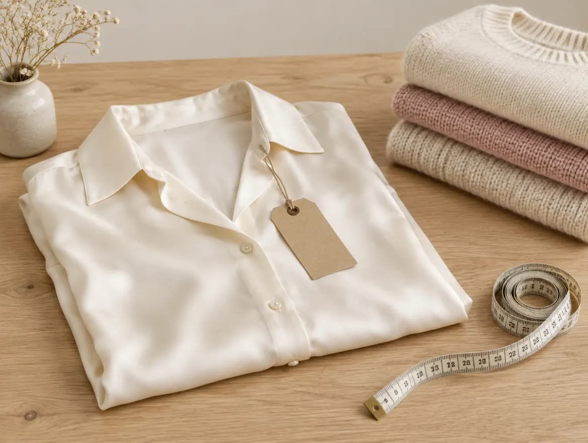 Blouse ivoire pliée avec une étiquette de papier kraft, tricots et ruban à mesurer