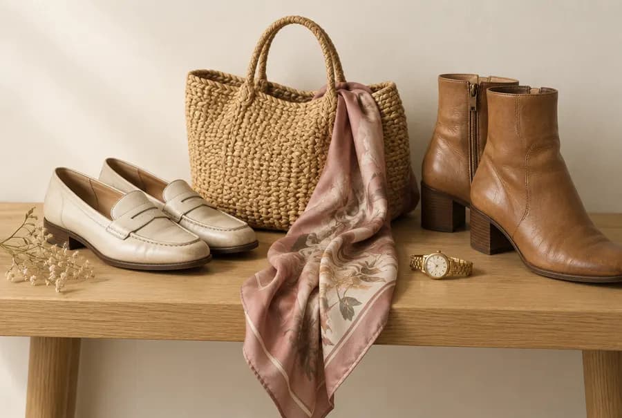 Mocassins, bottines, sac de paille et foulard rose