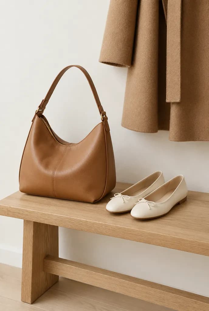 Sac en cuir camel et ballerines crème