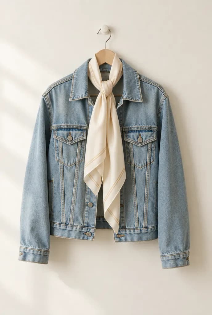 Veste en denim délavé et foulard crème sur un cintre