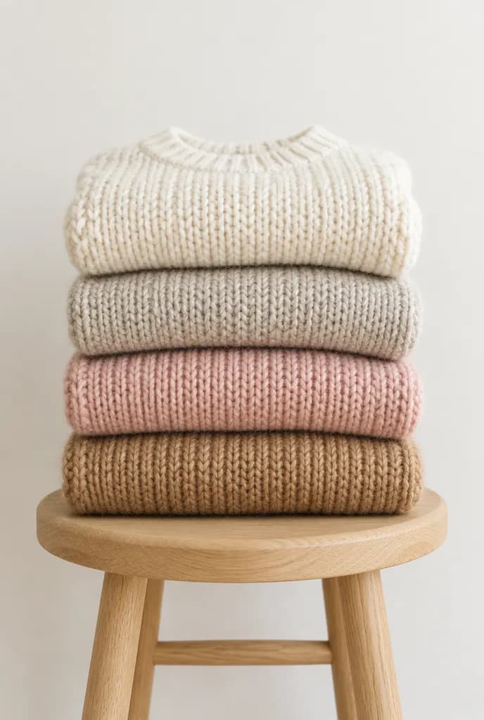 Pile de tricots crème, avoine, rose et camel