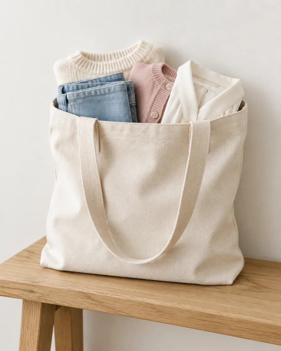 Un sac de toile rempli de vêtements propres et pliés