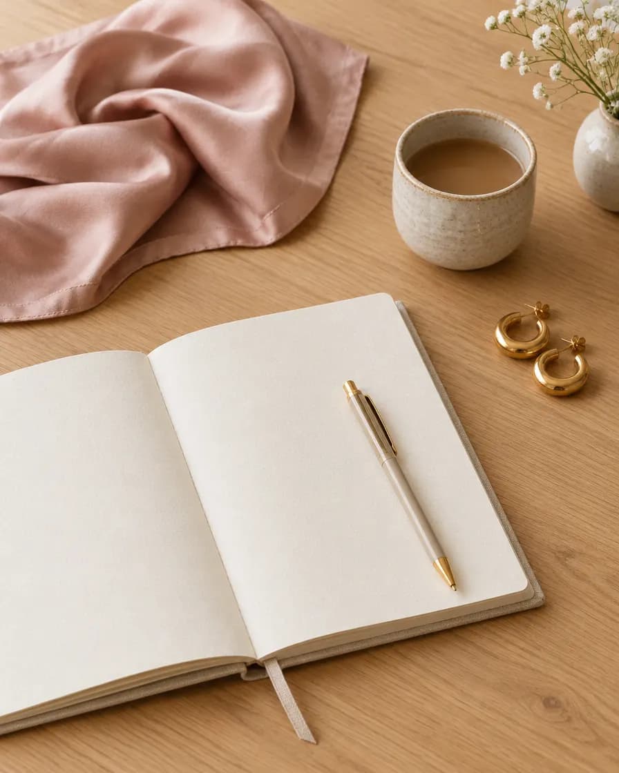 Un carnet ouvert, un stylo, un foulard de soie rose et des boucles dorées